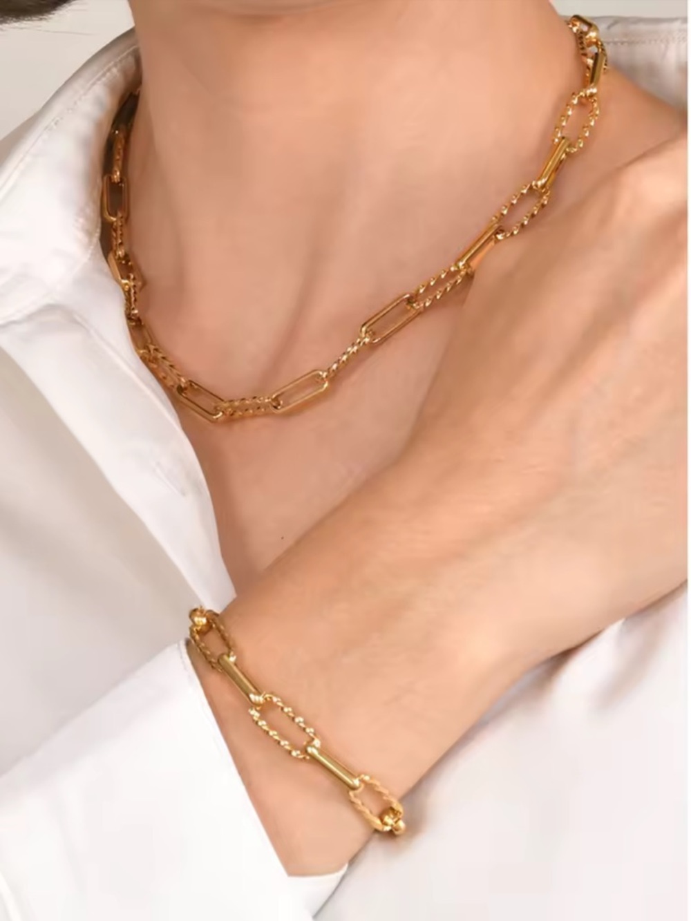 18K Gold Plated Link Chain Necklace and Bracelet Set